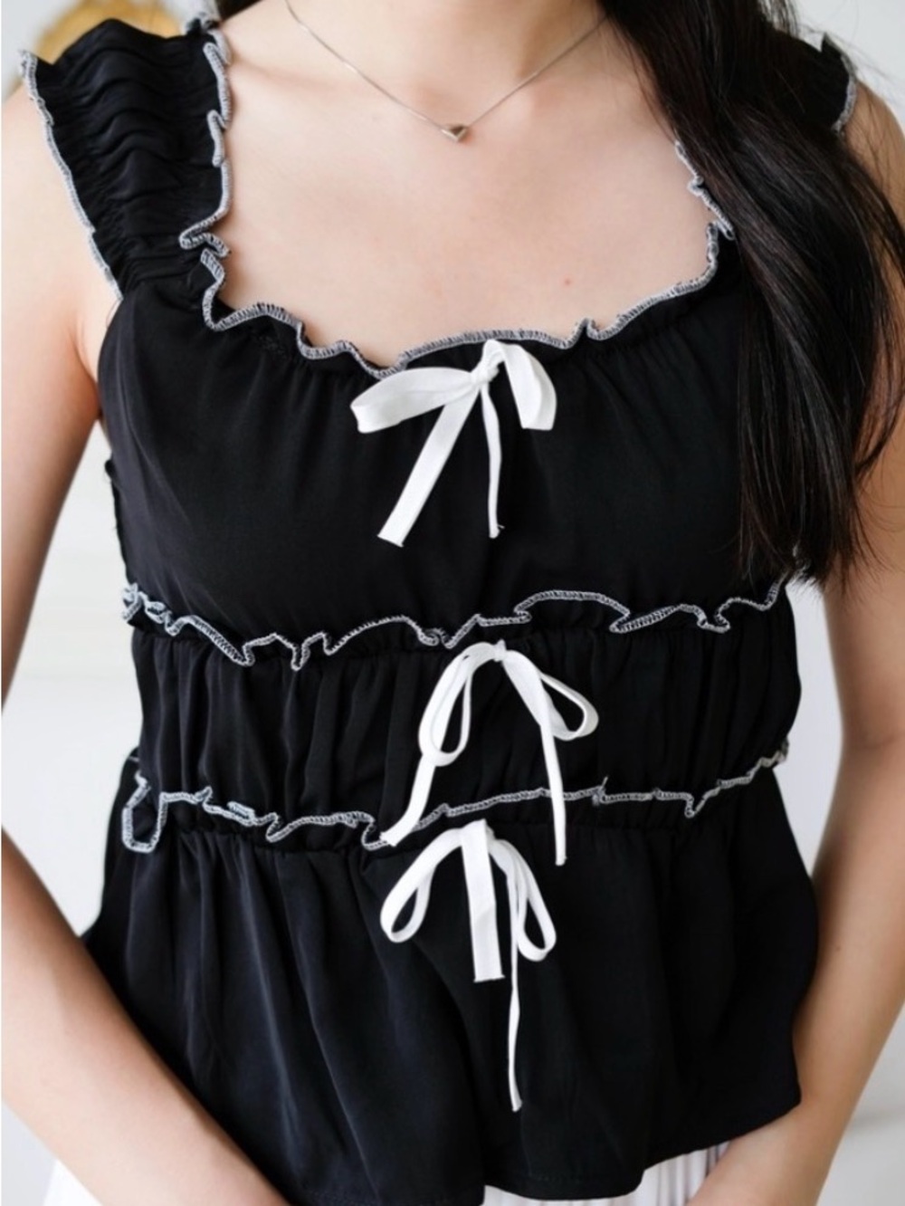Sleeveless Black Ruffle Tie-Front Chemise with Contrast Trim